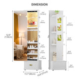 Lvifur 360° Swivel Jewelry Cabinet with Light and Side Sliding Door for Bedroom White,Standing Jewelry Armoires with Full Length Mirror&3 Photo Frames&Drawer&Movable Wheels for Cloakroom,Dressing Room