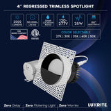 LUXRITE 4-Inch LED Trimless Recessed Spotlight with Black Wall Washer Trim Replacement 25W, 2000LM, 5CCT, 60° Beam Angle, Dimmable, Push-n-Lock, CRI90, Damp & IC Rated, ETL White + Black (4 Pack)