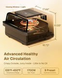 Behome Indoor Pizza Oven & Air Fryer, 6.5 QT Family Size with Pizza Stone, 9 Cooking Preset with Viewing Window &Light, 105°F-450°F Adjustable for Air Fry, Roast, Bake, Dehydrate, Fries, 1700W, Black