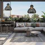 Modern 1-Light Matte Black Outdoor Coastal Boho 20 in. Scalloped Pendant Light for Patio with Wicker Rattan Shade