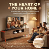 Quvex 70.8" Mid Century TV Stand for 65-80 Inch TVs, Walnut & White Entertainment Center with Storage Cabinets, Drawers, Open Shelf & Cable Management, Solid Wood Legs, Media Console for Living Room