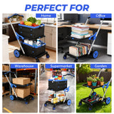 Olenyer Collapsible Shopping Cart with Wheels, 200 LBS Capacity Blue Grocery Cart with Storage Crates, Platform Hand Truck with Foot Brake