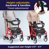 Drive Medical Nitro Sprint Foldable Rollator Walker with Seat - Lightweight Support - Large Wheels - Compact Folding Design - Adjustable Comfort - Standard Size - Red