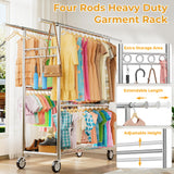 Heavy Duty Clothes Rack Load 1060LBS, Four Rods Rolling Clothing Racks for Hanging Clothes, Rolling Garment Rack With Sturdy Wheels Shelves Hooks, Portable & Adjustable Commercial Garment Rack, Silver