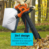 BLACK+DECKER 3-in-1 Leaf Blower, Leaf Vacuum and Mulcher, Up to 230 MPH, 12 Amp, Corded Electric (BV3600)