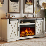 AMERLIFE 59" Fireplace TV Stand for TVs up to 65", Farmhouse Entertainment Center with Sliding Barn Doors, Storage Cabinets and Adjustable Shelves, Distressed White & Barnwood