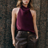 Maohao Women's Silk Satin Tank Tops Halter Draped Front Sexy Backless Womens Summer Tops Elegant Camisole Tops (Burgundy,M)