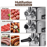 ALTRA LIFE Electric Meat Grinder, 2800W Max Sausage Stuffer with 2 Blades, 3 Plates, Sausage Tube, Vegetable Cheese Grater, 2 Meat Claws, Burger Press & Kubbe Kit for Home use, Built-in Storage