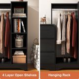 SOLACE FURNITURE Dresser with Clothes Hanging Rack, Pre-Installed Slides for Fast Installation, 3-in-1 Wardrobe Closet with Drawers and Shoe Shelves, Modern Black Wood Storage Armoire for Bedroom
