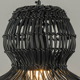 Modern 1-Light Matte Black Outdoor Coastal Boho 20 in. Scalloped Pendant Light for Patio with Wicker Rattan Shade