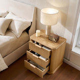 Lerivos Modern Fluted Nightstand Set of 2 with 3 Drawers, 22.8" Wide Wooden Bedside Table in Natural Oak, Faux Marble Top, Metal Handle, Curved Silhouette Design for Bedroom, Living Room, Office