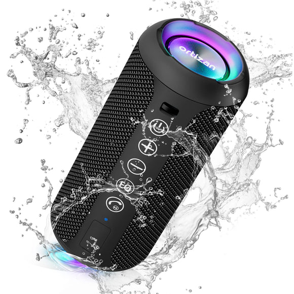 Ortizan Portable Bluetooth Speaker: IPX7 Waterproof, 24W Loud Sound, Deep Bass, Bluetooth 5.3, LED Lights, Wireless Stereo Pairing, 30H Playtime, for Home/Outdoor/Party/Beach, Birthday Gift (Black) Ortizan