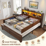 EnHomee King Size Bed Frame with 4 Storage Drawers and Headboard,LED Lights & Charging Ports,No Box Spring Needed for Big House,Noise-Free,Wooden,Brown