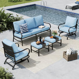 MFSTUDIO 5 Piece Metal Patio Furniture Set with Blue Cushions