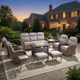 moosprr Luxury Patio Furniture Set with Fire Pit Table, Outdoor Furniture Set with High Back Swivel Chairs & 6-inch Thick Cushions, 10 PCS Fire Pit Patio Set for Yard, Deck, Poolside, Brown/Beige