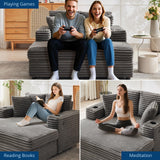 GarveeHome 60-inch Oversized Chaise Lounge Chair Indoor, Comfy Corduroy Lounge Sofa with Charging Station, Cup Holders & Throw Pillows, Cozy Sleeper Couch for Living Room Apartments, Grey