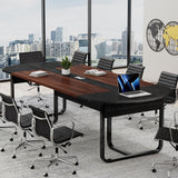 Walnut and Black Conference Room Table Curved for Office with Rectangle Grommet, Modern Meeting Table for Office