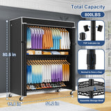 ULIFHOME P8C Max Heavy Duty Clothes Rack（With Extended Width Design） Rolling Clothing Racks for Hanging Clothes with Lockable Wheels，51.2"W x 15.8"D x 80.5"H，Load 700LBS，Black Rack with Black Cover