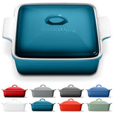 ROSSALLINI Stoneware Casserole Dish Bakeware with Lid | Covered Square Dinnerware | Medium 2 Quart, [Ocean Blue]