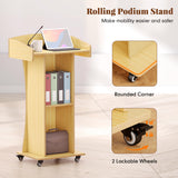 Podium Stand with Metal Wheels Wooden Lectern Podium Stand Portable Pulpit Standing with Storage
