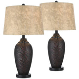 Franklin Iron Works Kaly 25" High Rustic Traditional Natural Cottage Set of 2 Table Lamps with USB Ports A+C Charging Hammered Oil Rubbed Bronze Faux Leather Drum Shade Living Room Desk Bedroom