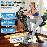 pooboo Folding Exercise Bike with Hand Crank, Multifunctional Stationary Bike for Home, Upright Indoor Cycling Bike with 8-Level Magnetic Resistance, Arm Resistance Bands, Pulse Sensor & Back Support Cushion