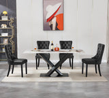 Maotifeys Modern Faux Marble Dining Table for 6, Rectangle 70" Pandora Marble Grain Tempered Glass Kitchen Table for 4-6, Luxury Dining Room Tables with Black Carbon Steel X-Base for Home Apartment