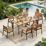 Oasbira Outdoor Dining Set, Patio Table and Chairs Set with Umbrella Hole, 7 Pieces HDPS + Aluminum Patio Dining Furniture Set for Backyard, Garden (Gray & Teak)