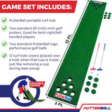 PutterBall Original Golf Putting Game Set – Backyard 12 ft Putting Green Pong Style Golf Mat with 2 Putters, 2 Balls & Hole Covers (Putterball w/Bag)