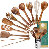 Kitchen Utenails Set with Holder,Kitchen Wooden Utensils for Cooking, Wood Utensil Natural Teak Wood Spoons for Cooking