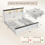 EnHomee Queen Bed Frame with Headboard and Storage, 4 Drawers and LED Built in Charging Station with Storage Farmhouse,Noise-Free,No Box Spring Needed, White