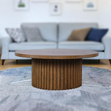 Jofran Auden 40" Round Mid-Century Modern Fluted Pedestal Coffee Table with Casters for Living Room, Accent Table, Chestnut