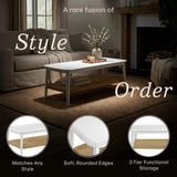 Alaterre Furniture Calais Living Room Collection – 48 Inch Rectangular Wood Coffee Table with Woven Storage Shelf – Mid Century Modern 2-Tier Living Room Table (White)
