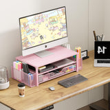 OPNICE Desk Organizer and Accessories, 2-Tier Computer Monitor Stand Riser with Drawer and 2 Pen Holders, Laptop Stand, Office Desk Accessories for Office Supplies, Pink