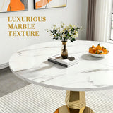 SSLine White Faux Marble Round Dining Table Set for 6 with Velvet Chairs