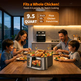 9.5Qt Large Air Fryer Oven, Airfryer Toaster Oven Combo, Non Toxic Stainless Steel Air Fryer with Window, XL Capacity Basket Style Airfryer for Family, Easy Dual Knob Control, Black
