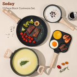 SODAY 17 Pcs Pots and Pans Set Non Stick Kitchen Cookware Sets Nonstick Induction Cookware Non-toxic Black Granite Cooking Tools