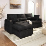 Convertible Sofa Bed, Chenille L-Shaped Sectional Sofa with Storage, Black
