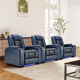ANJ Power Home Theater Seating Set of 3, Blue Faux Leather Electric Recliner Chair with Adjustable Headrest, Dual Motors Movie Reclining Chairs with LED Lights,USB port,Cup Holders, Hidden Arm Storage