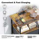 Tensirock Side Table with Charging Station, Nightstand with Adjustable Fabric Drawer, Bedside Table for Bedrooms, Living Rooms & Home Decor (Brown Black)