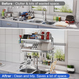 LIVOD Over The Sink Dish Drying Rack,3 Tier Adjustable Length Full Stainless Steel Large Storage Kitchen Dish Rack,for Kitchen Counter Expandable Multifunctional Organizers,Silver (25.98-37.6")