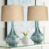 Possini Euro Design Kenya 29 1/2" Tall Modern Coastal Tropical End Table Lamps Set of 2 Blue Green Ceramic Beige Shade Living Room Bedroom Bedside Nightstand House Office Home (Colors May Vary)