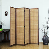 4 Panel Bamboo Room Divider - 5.6 ft Tall Brown Folding Privacy Screen, Double-Sided Freestanding Partition
