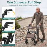 StepPilot Zero Wobble Rollator Walker with Seat for Seniors, 350lb Capacity, 18" Extra Wide Seat, 8" Wheels & Dual Brake, One-Hand Folds to 9.6", 7-Level Handle Adjustable, Cup Holder & Cane Clip