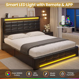ADORNEVE Full Size Bed Frame with Storage Headboard & 4 Drawers, LED Bed Frame Full with Charging Station, Leather Upholstered Platform Bed Frame with Button Tufted, No Box Spring Needed, Black PU