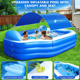 Inflatable Pool with Canopy, Large Inflatable Swimming Pool for Kids,Adult, Blow Up Pools with Seats,Backrest.Durable Thickened Inflatable Family Pools for Backyard,118"x75"x22"-Dark Blue
