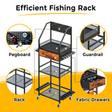 JIRTEMOT Fishing Rod Holder Organizer with Fabric Drawer & Pegboard, Space-Saving Garage Storage for 12 Rods, Reels, Tackle Boxes, Portable Fishing Gear Cart for Easy Access & Mobility