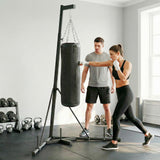 Soozier Punching Bag with Stand for Adults, 72.8"-90.9" Height Adjustable Freestanding Boxing Stand with Canvas Sandbag, Stable Triangular Base and 1" Weight Plate Storage for Home Gym MMA, Black