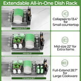 Pantasia Large Dish Drying Rack, Expandable Dish Rack, Stainless Steel Anti-Rust Dish Racks for Kitchen Counter, Multifunctional Dish Drainer with Utensil Holder & Cup Holder, 13.4"-28.7" L x 11.8" W