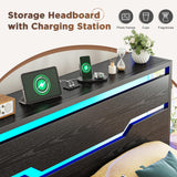 Homkdom King Size Bed Frame with LED Lights & Charging Station, King Bed Frame and Headboard,13" Under Bed Storage, Noise-Free Heavy Duty Metal Support, Modern Black